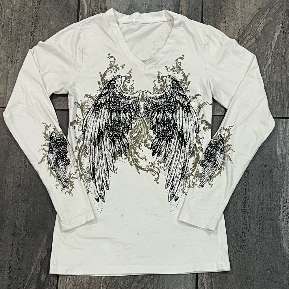 White Angel Wing Rhinestone Long Sleeve